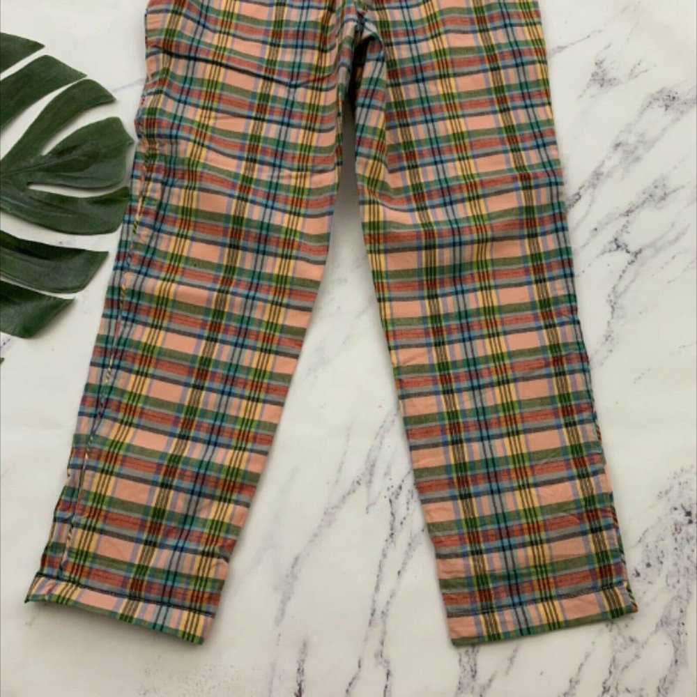J.Crew High Rise Straight Leg Pant Size 0 Pink Green Ribbon Plaid Cotton - Picture 3 of 4